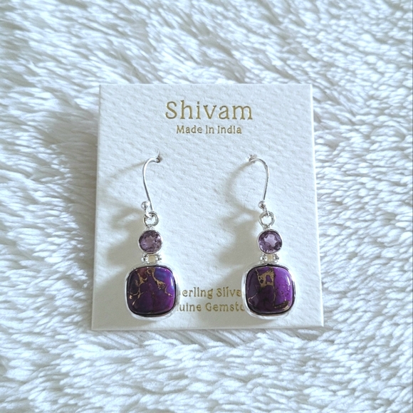 Shivam Square Shaped Purple💜 Copper Turquoise With Gold💛 Veins Earrings - Picture 16 of 16